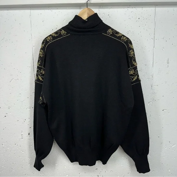 Vintage David Meister Large Wool Blend Black Metallic Gold Turtleneck Sweater - Picture 7 of 15